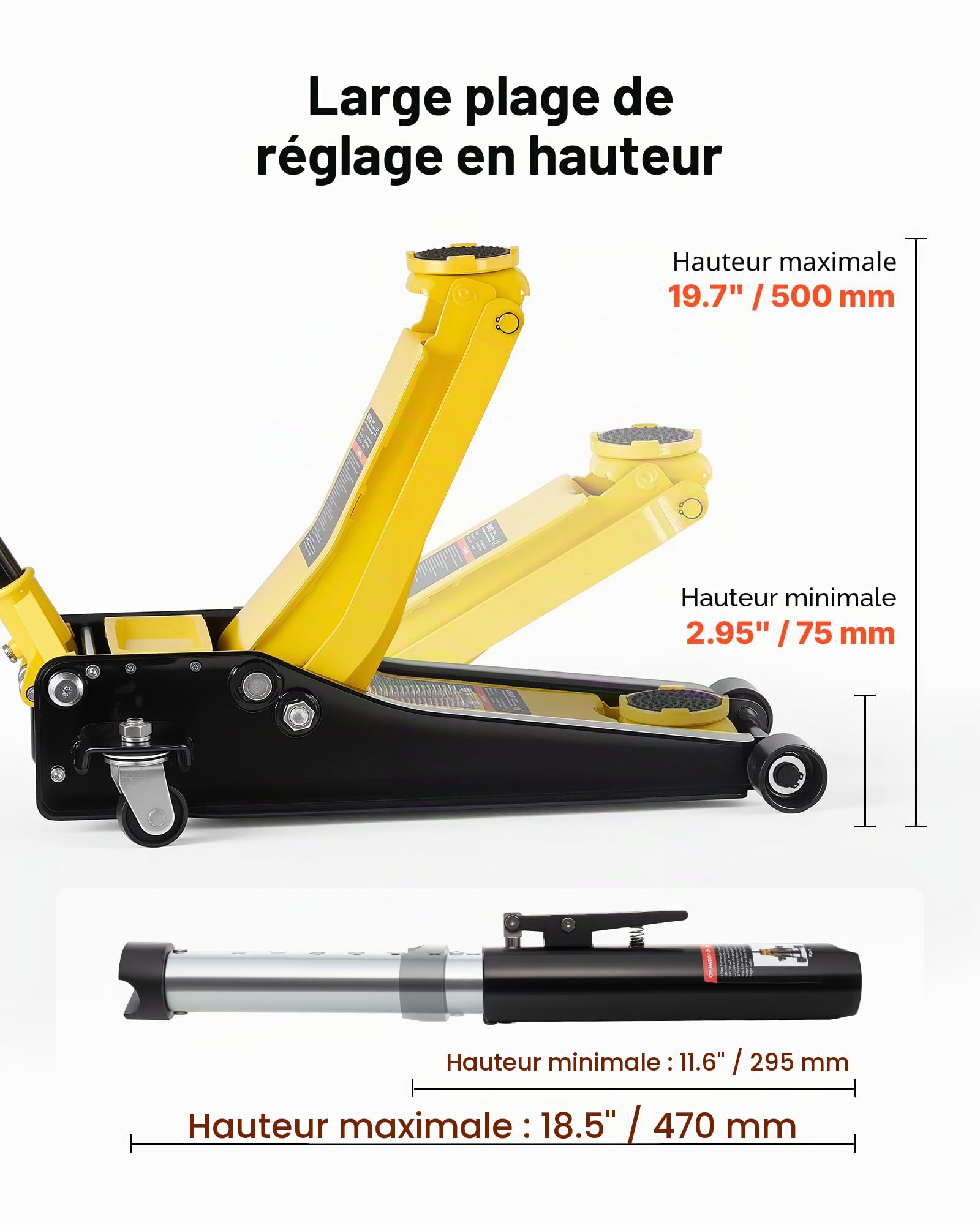 VEVOR Cric Hydraulique de Manœuvre 3 T, Cric Rouleur Gamme de Levage 75-500 mm, Assistant pour Entretien Voitures VUS Camions Pick-ups Atelier Domicile, avec Pompe à Levage Rapide à Double Piston