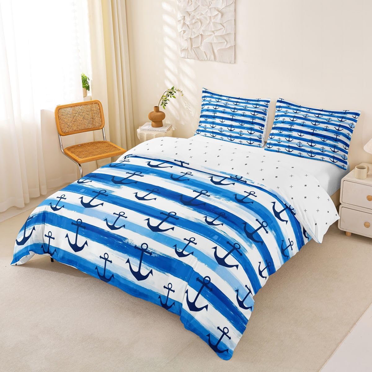 Nautical Anchor Duvet Cover Set,Blue and White Stripes Comforter Cover Toddler Size Sea Adventure 2 Pcs Bedding Set with Zipper Ties for Kids Boys Girls Bedroom Decor(No Comforter),Light Blue
