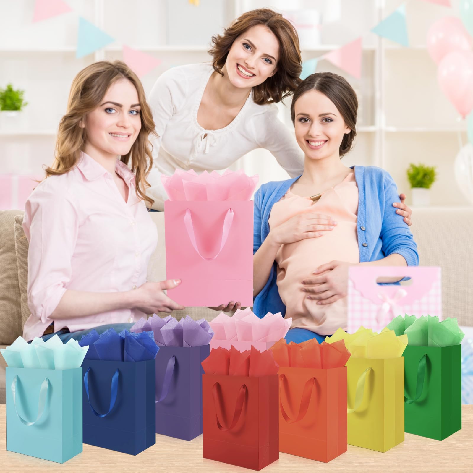 Epoesch 4 Pack Pink Gift Bags Handles and 8 Tissue Paper, Medium Size 8 X 5 X10 Inch Paper Bag for Birthday Party, Baby Shower, Wedding Favors or Mother's Day