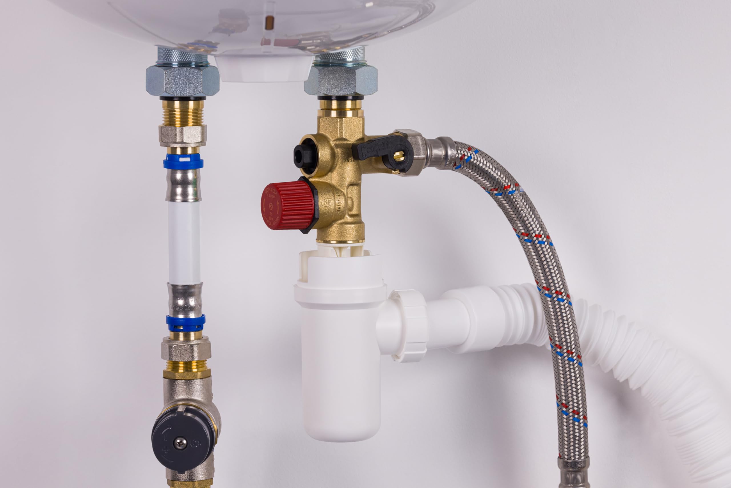 Kit raccordement Groupe de sécurité droit norme NF 20x27 (3/4) siège laiton + siphon + flexibles d'alimentation + flexible évacuation + teflon chauffe eau/cumulus NOYON & THIEBAULT