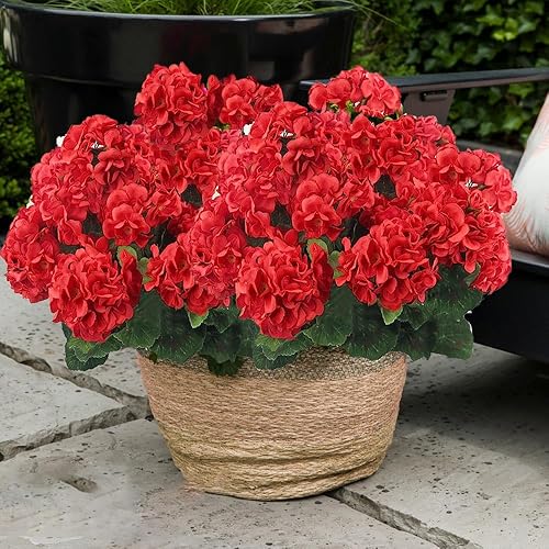 FERIAL 4 flores artificiales de seda de geranio rojo para exteriores, arbusto, flores sintéticas, geranios para decoración floral del hogar,