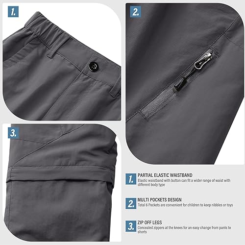 Miniatura 4 de Pantalones para niños con cintura ajustable para exteriores, secado rápido, ligeros, impermeables, informales, convertibles, tipo cargo, scout