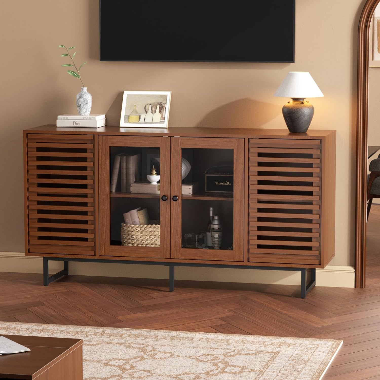 FiveWillowise 58.3" Buffet Cabinet with Storage, Mid Century Modern Cabinet with Grille Striped Doors and LED Light, Coffee Bar Cabinet for Living Room, Kitchen, Walnut