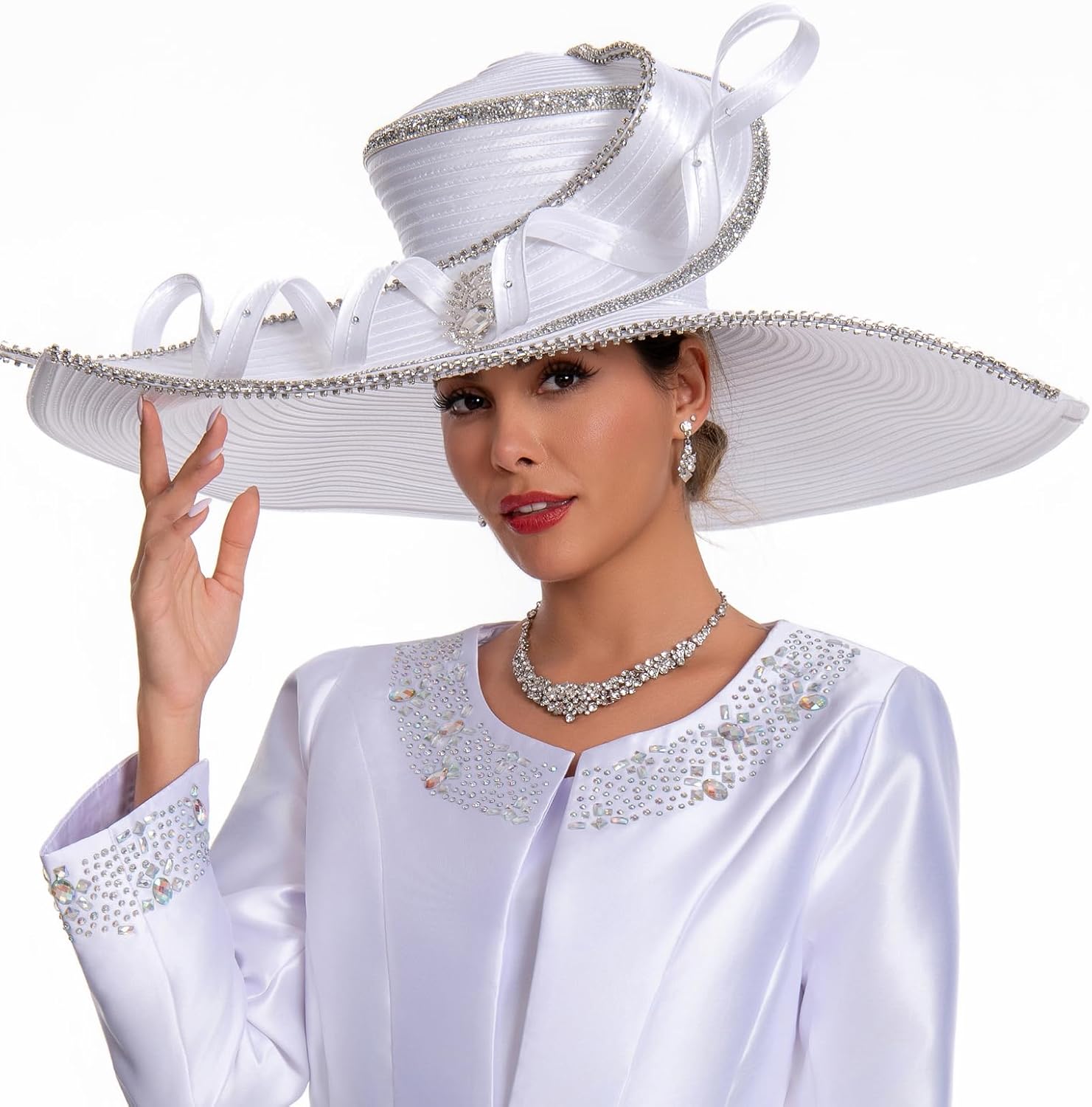 Women's Dramatic Giant Wide Brim Rhinestone Church Hat Statement Turban Fascinator for Wedding Chapel Baptist Sunday