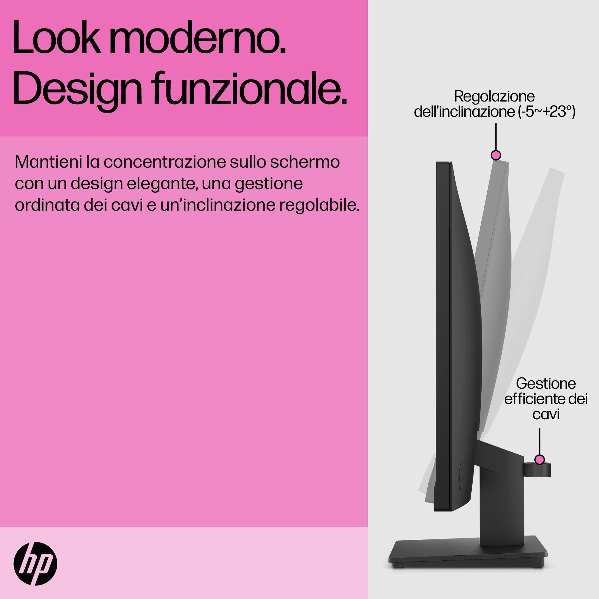 HP V24iE G5 Monitor Full HD da 24" (1920 x 1080, 75 Hz, 5 ms, IPS, 16:9), AMD FreeSync, luce blu bassa, HDMI, VGA, DisplayPort, Joypad OSD, antiriflesso, inclinazione regolabile, nero