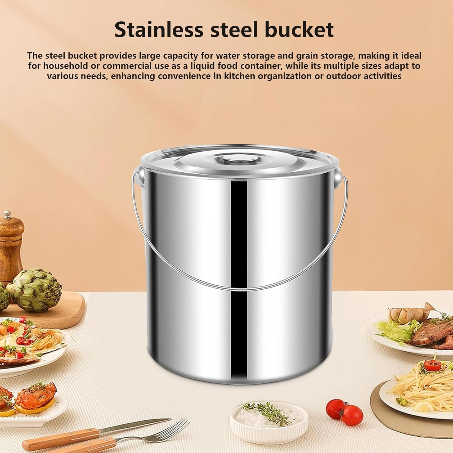 Stainless Steel Bucket with Lid - Large Capacity Container, Kitchen Food Storage for Rice and Flour, Premium Metal Canister with Secure Cover, Pantry Accessory, Multi-Purpose Holder for Soup