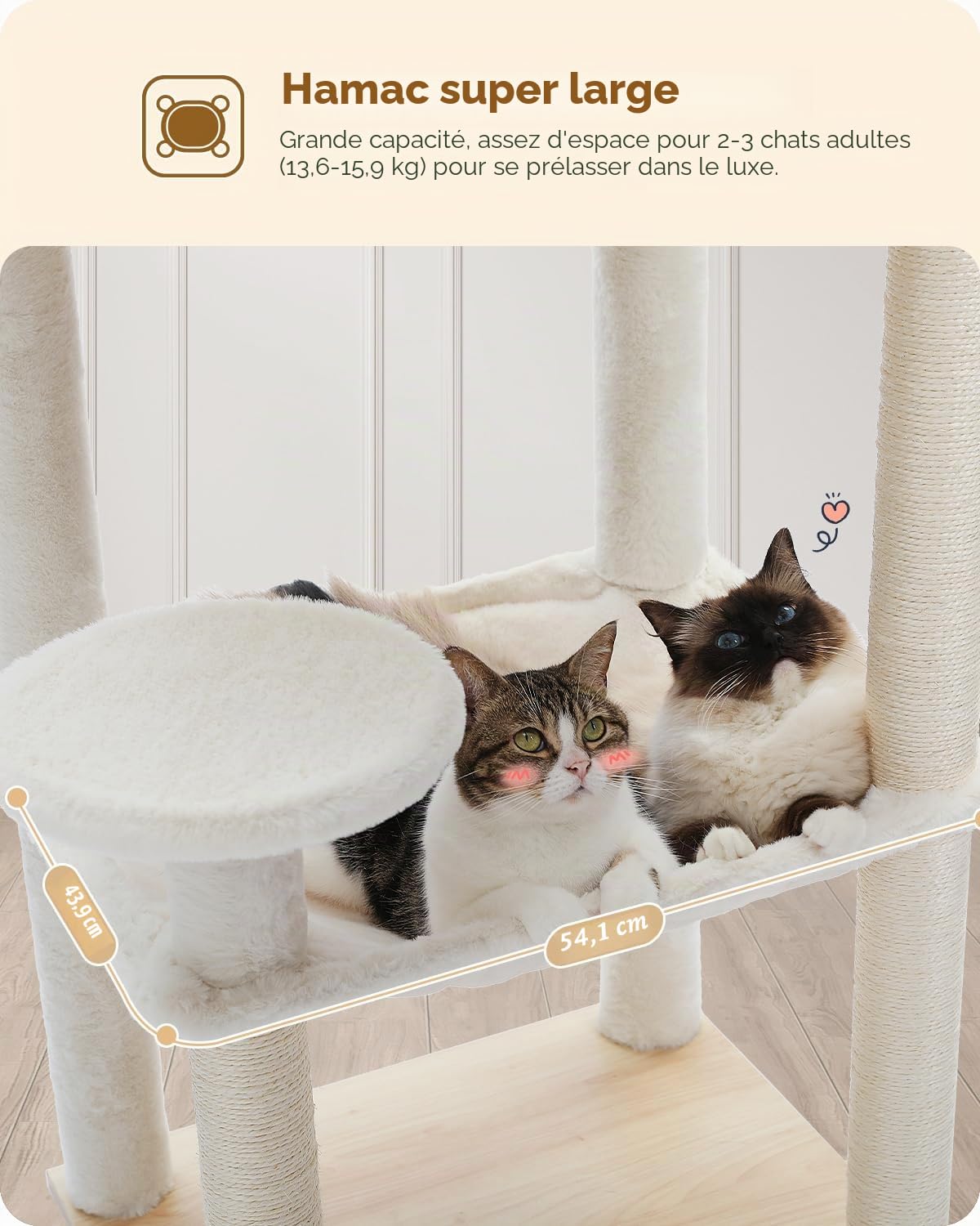 PETEPELA Arbre à Chat Design Moderne, Arbre a Chat en Bois avec Grand Hamac, Perchoir Confortable & Poteaux à Griffer en Sisal, 143 cm, Beige