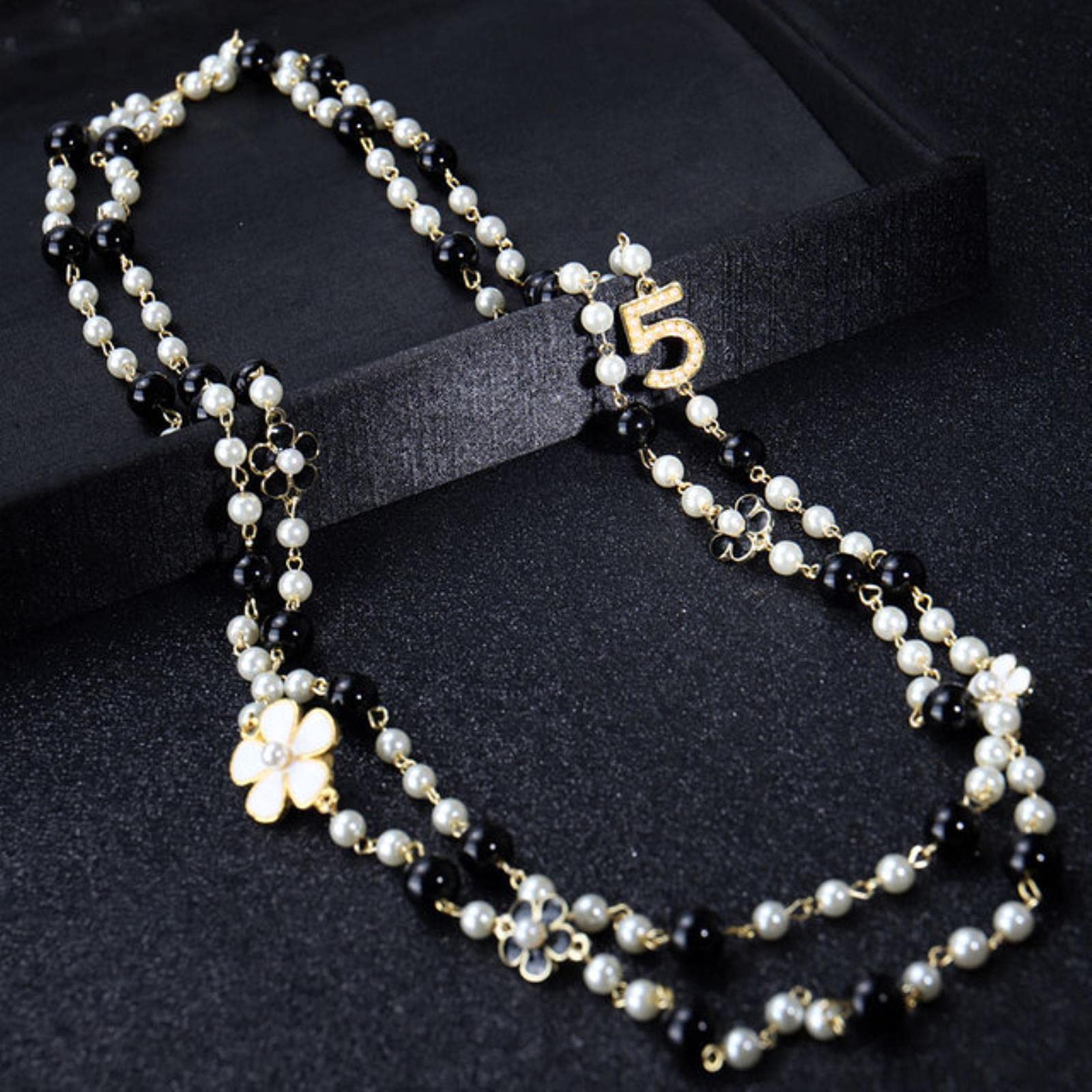 Akls Women Long Pendants Layered Pearl Necklace 5 Flower Party Jewelry
