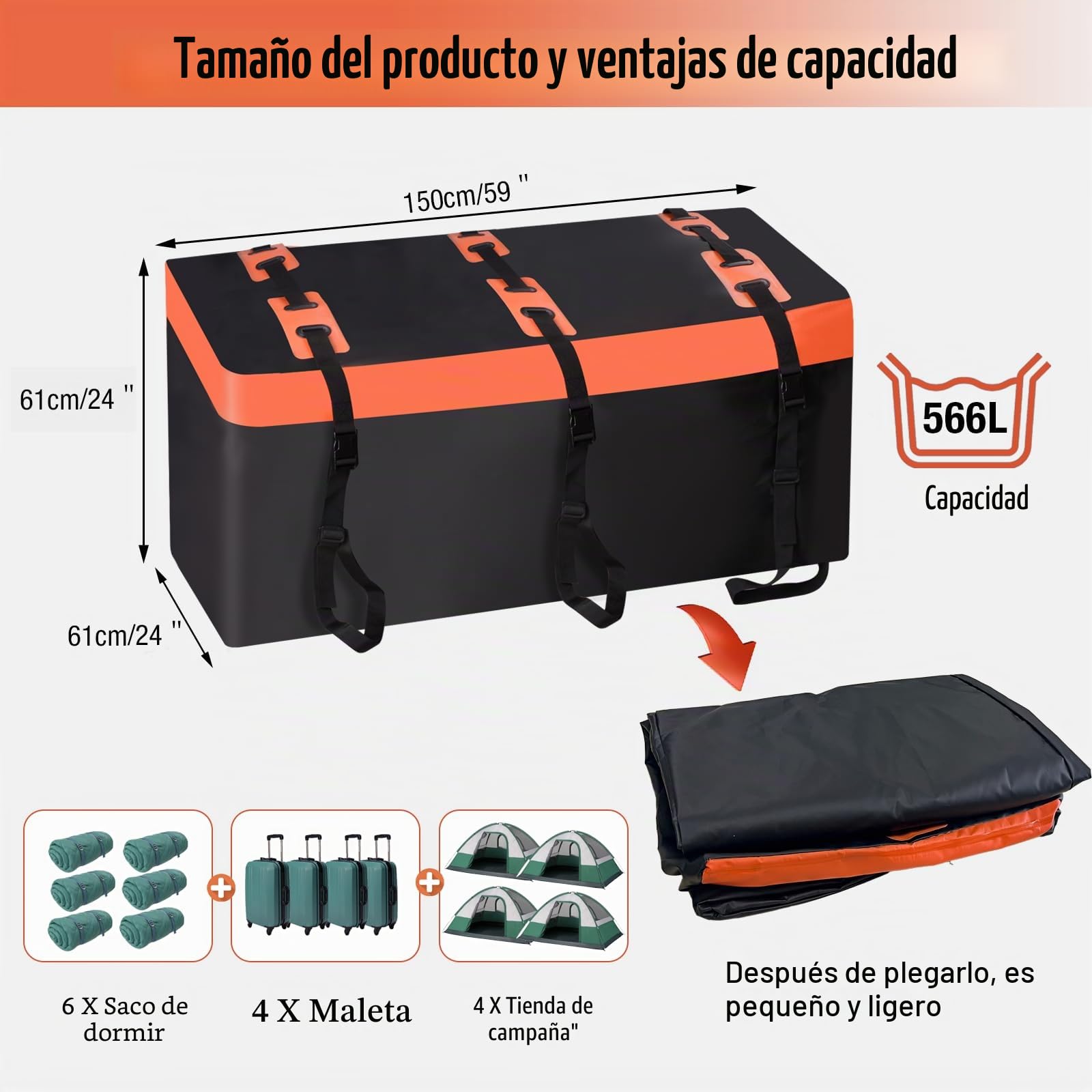 Cofre de enganche Cofre de techo para coche, cofre trasero para enganche de remolque, 566 l, revestimiento 600D, en PVC, caja de equipaje, impermeable, irrompible, plegable