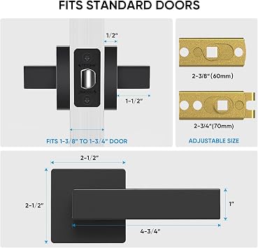 TICONN 1PK Matte Black Door Handles Interior, Reversible Square Door Levers Knob for Hallway, Bedroom, Bathroom (No Lock, 1PK Passage)