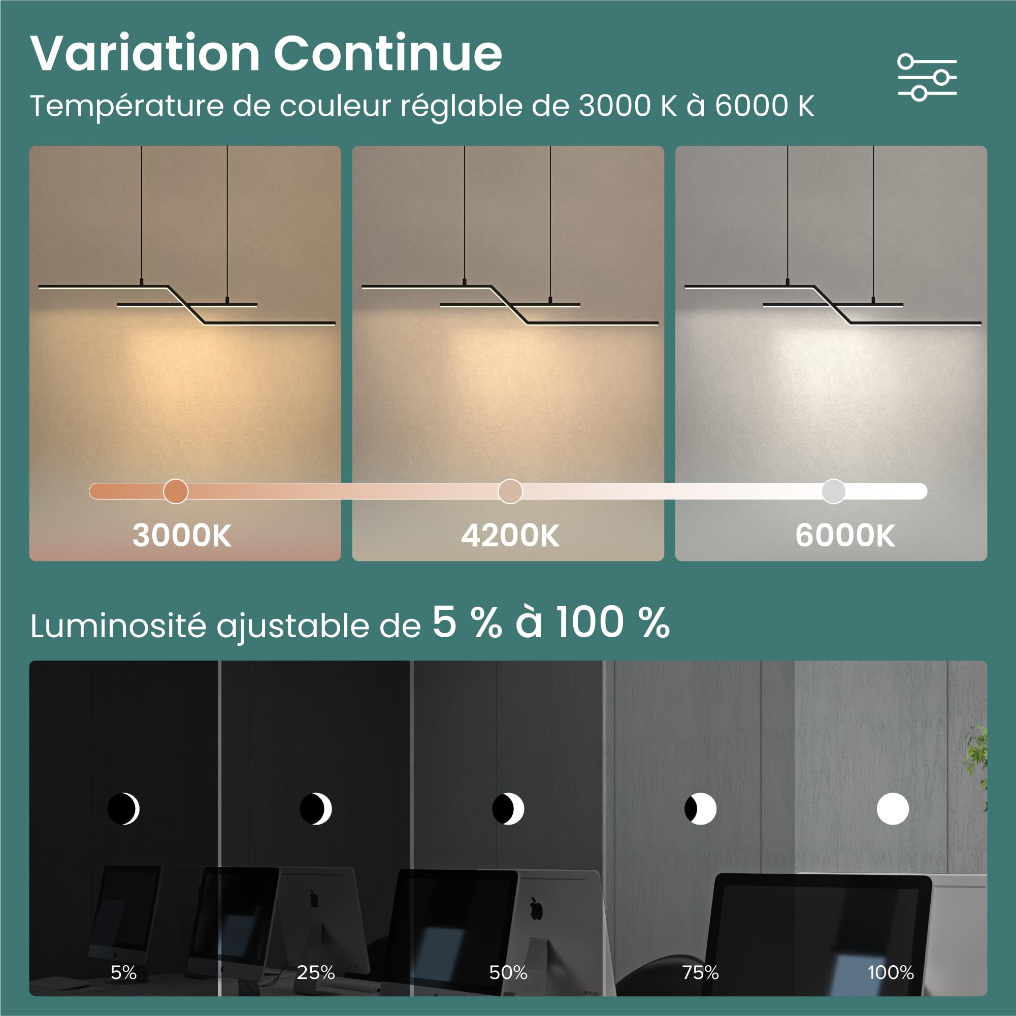 Mai & Mai Lustre 3000/4000/6000K Câble Réglable Lumières Suspension pour Cuisine Chambre Salon Noir 105cm