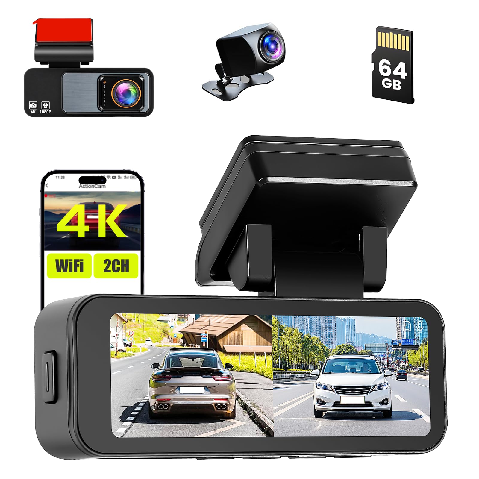 Inefala Dashcam Cámara Coche 4K+1080P con WiFi GPS, WiFi Dash CAM Coche con Tarjeta SD 64GB,Camara Coche Grabadora,Gran Angular,Visión Nocturn,Sensor G,Monitor de Aparcamiento,Grabación de Bucle