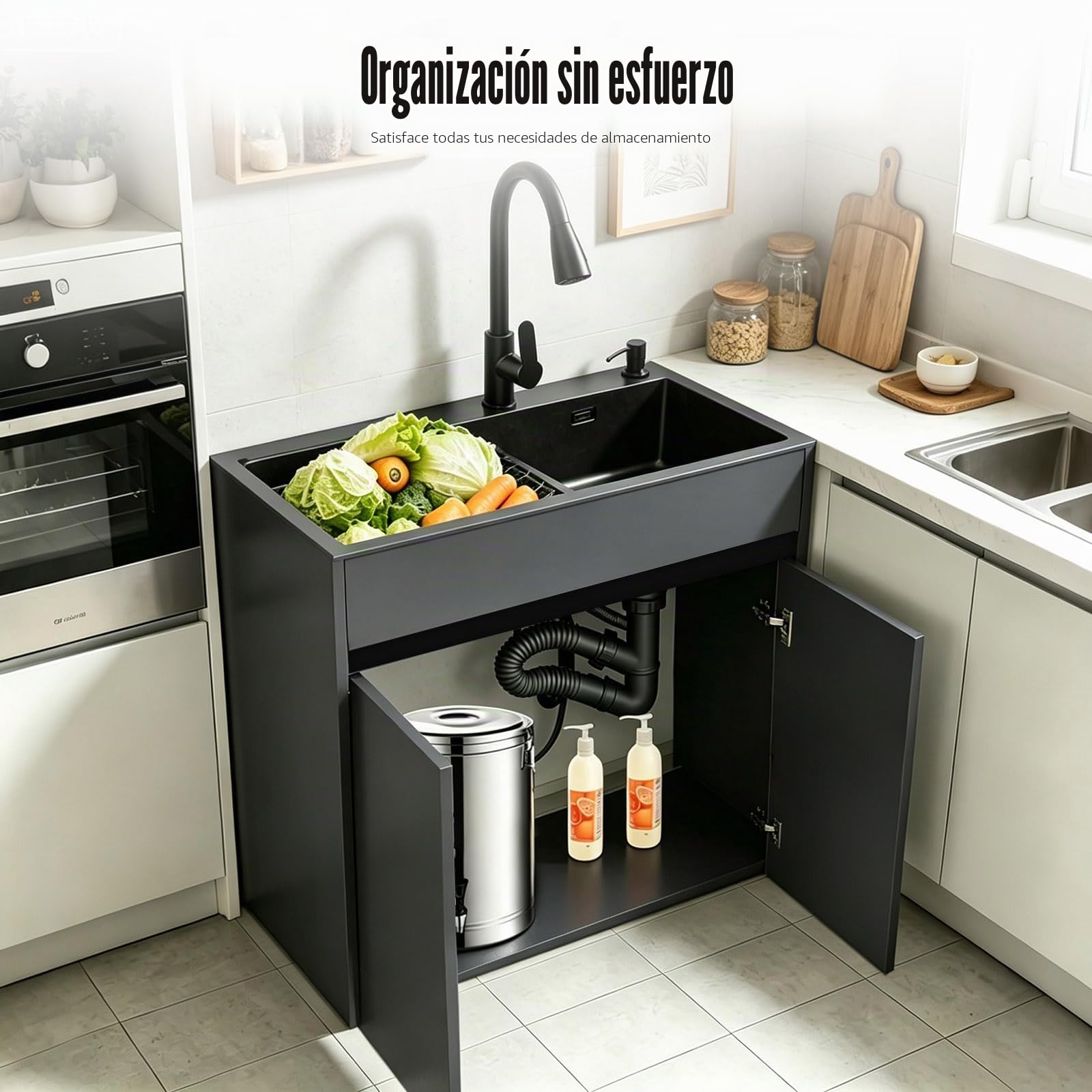 Fregadero de Exterior Independiente con Armario para Jardín y Taller, lavabo de acero inoxidable negro, cuerpo de aluminio de panel de abeja, incluye grifo de agua fría/caliente y kit de fontanería