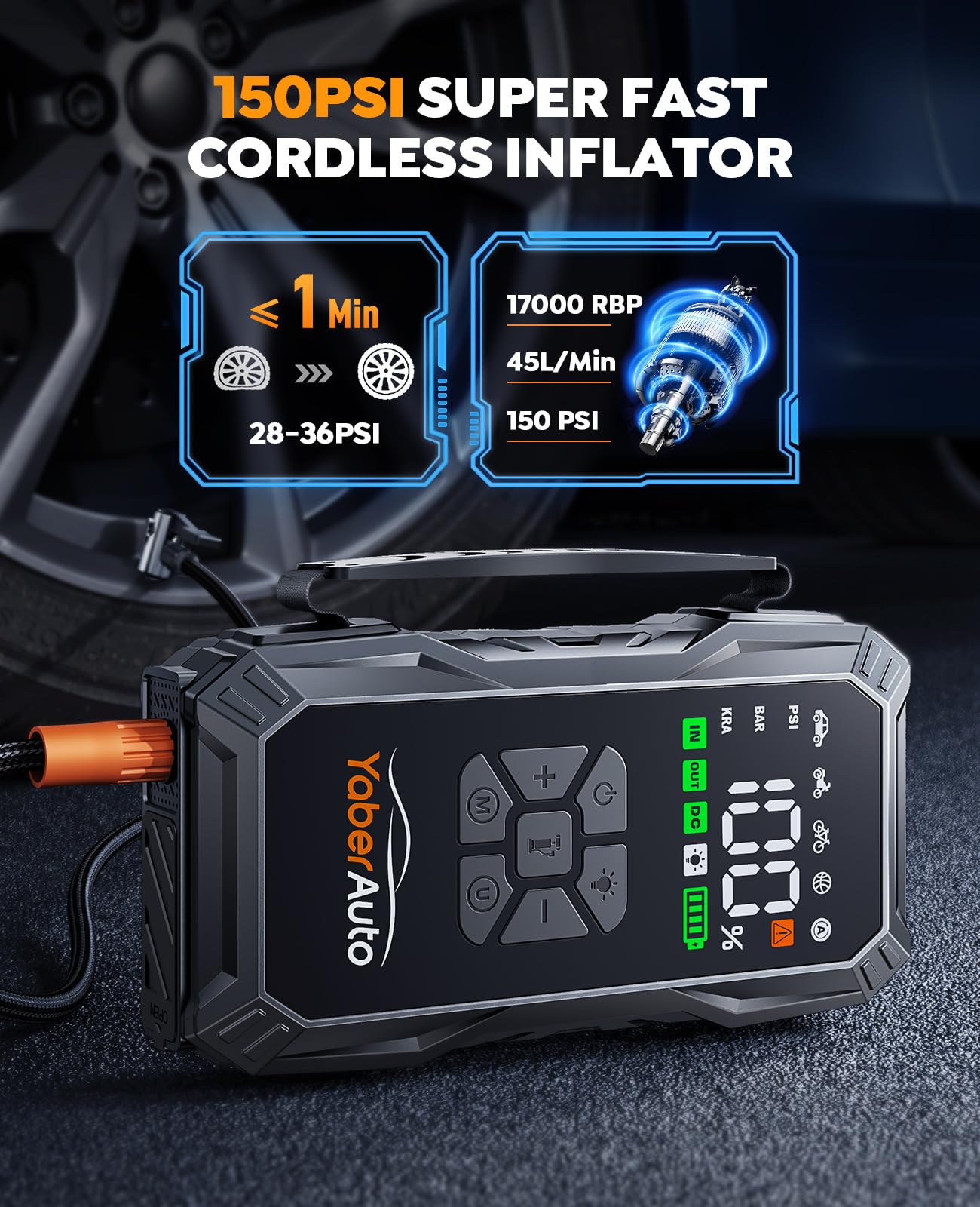 YaberAuto 9-in-1 Jump Starter with Air Compressor 5500A 150PSI Portable Car Battery Jump Starter (All Gas/10L Diesel), Jump Box Car Battery Jumper Starter Portable Jumper Cables, 150W DC, Lights