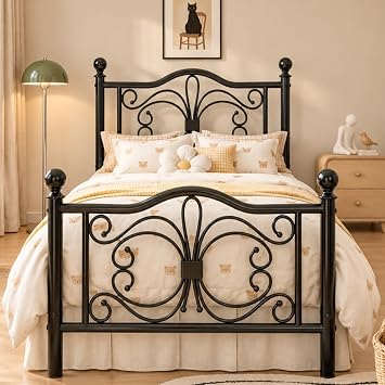 Twin Size Metal Bed Frame with Butterfly Pattern Design Headboard, Black