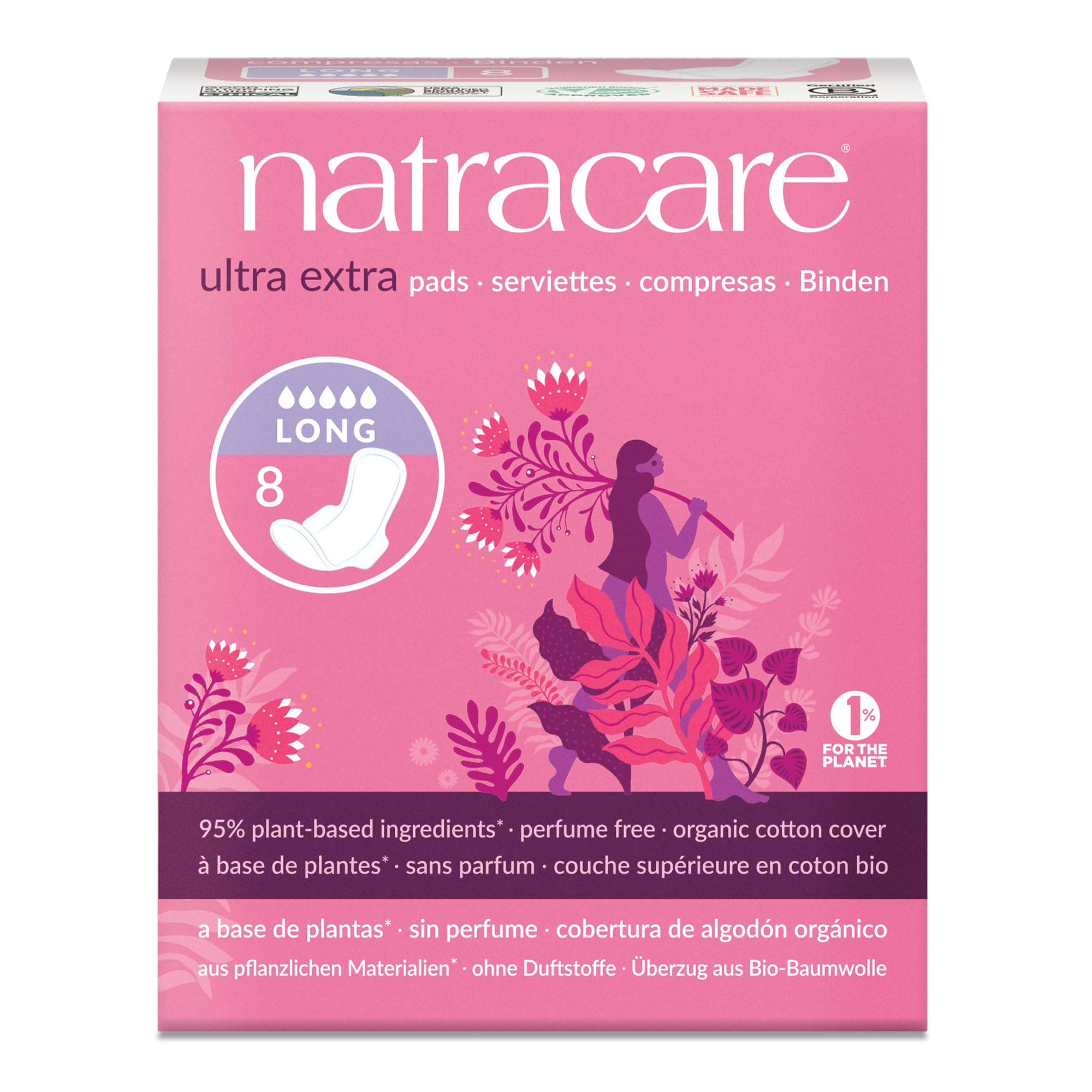 Natracare Bardzo długie wkładki z bawełny organicznej ze skrzydłami, 8 sztuk w opakowaniu (6 szt.)