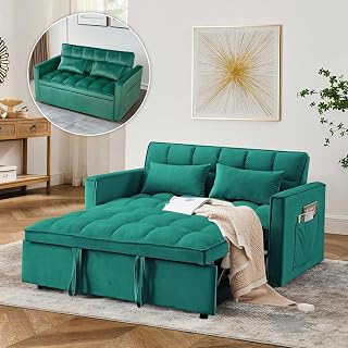 3 In 1 Velvet Convertible Sofa Bed, Pull Out Couch Bed with Reclining Backrest And 2 Pillows, 54" Full Size Loveseat Sleeper Sofa Futon Couch Beds, Couches For Small Spaces, Living Room (Dark Green)