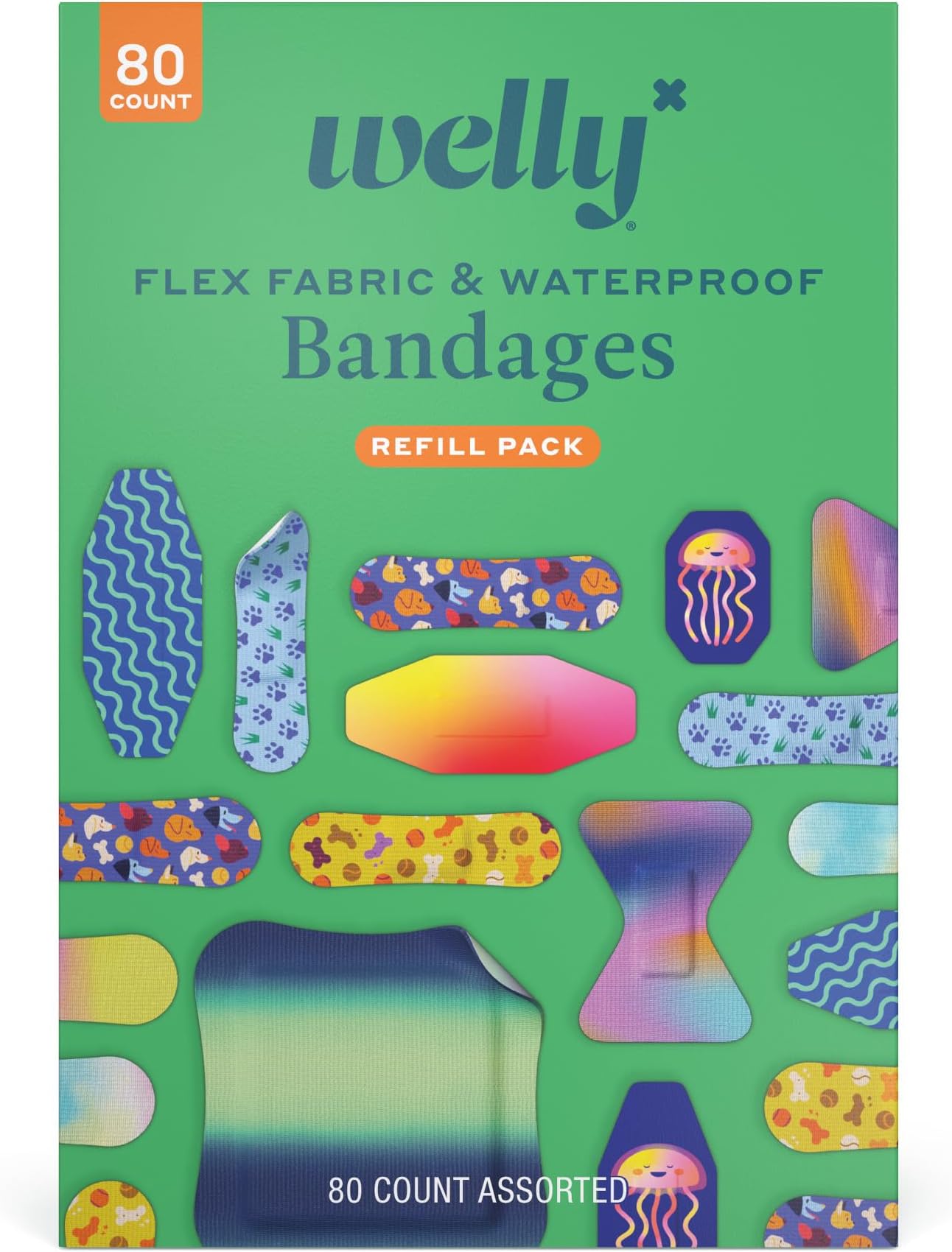 Welly Bandage Family Pack | Adhesive Flexible Fabric & Waterproof Bandages | Assorted Shapes and Patterns for Minor Cuts, Scrapes, and Wounds - 80 Count
