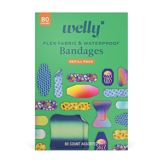 Welly Bandage Family Pack | Adhesive Flexible Fabric & Waterproof Bandages | Assorted Shapes and Patterns for Minor Cuts, Scrapes, and Wounds - 80 Count