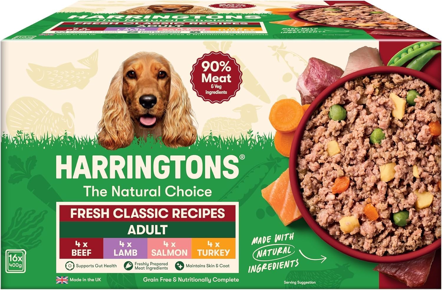 Harringtons Complete Wet Tray Grain Free Hypoallergenic Adult Dog Food Classics Bumper Pack 16x400g - Beef, Lamb, Salmon & Turkey- Made with All Natural Ingredients