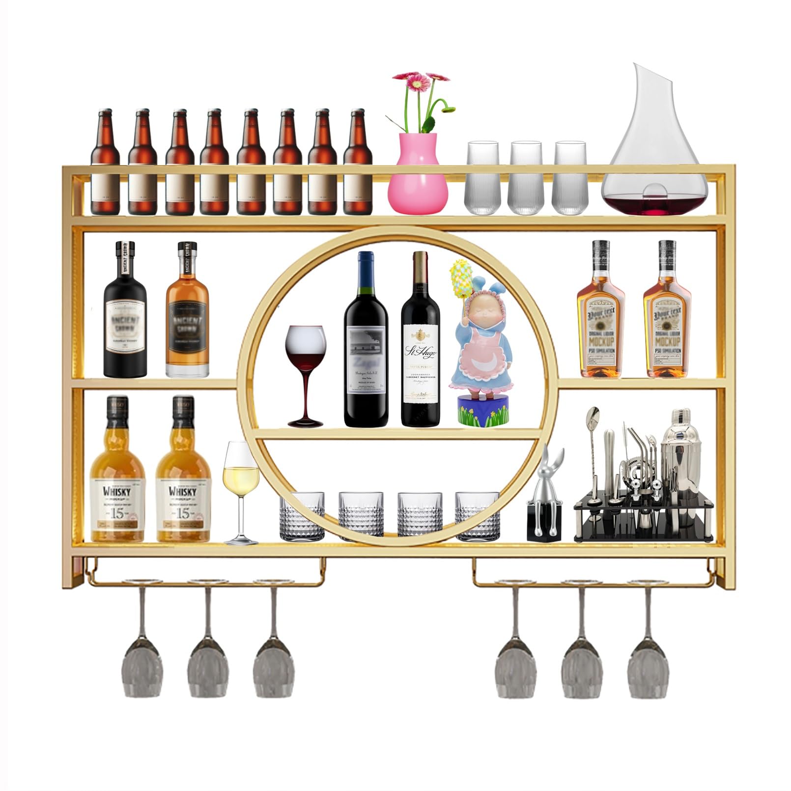 Étagère de présentation pour bouteilles d'alcool et verres