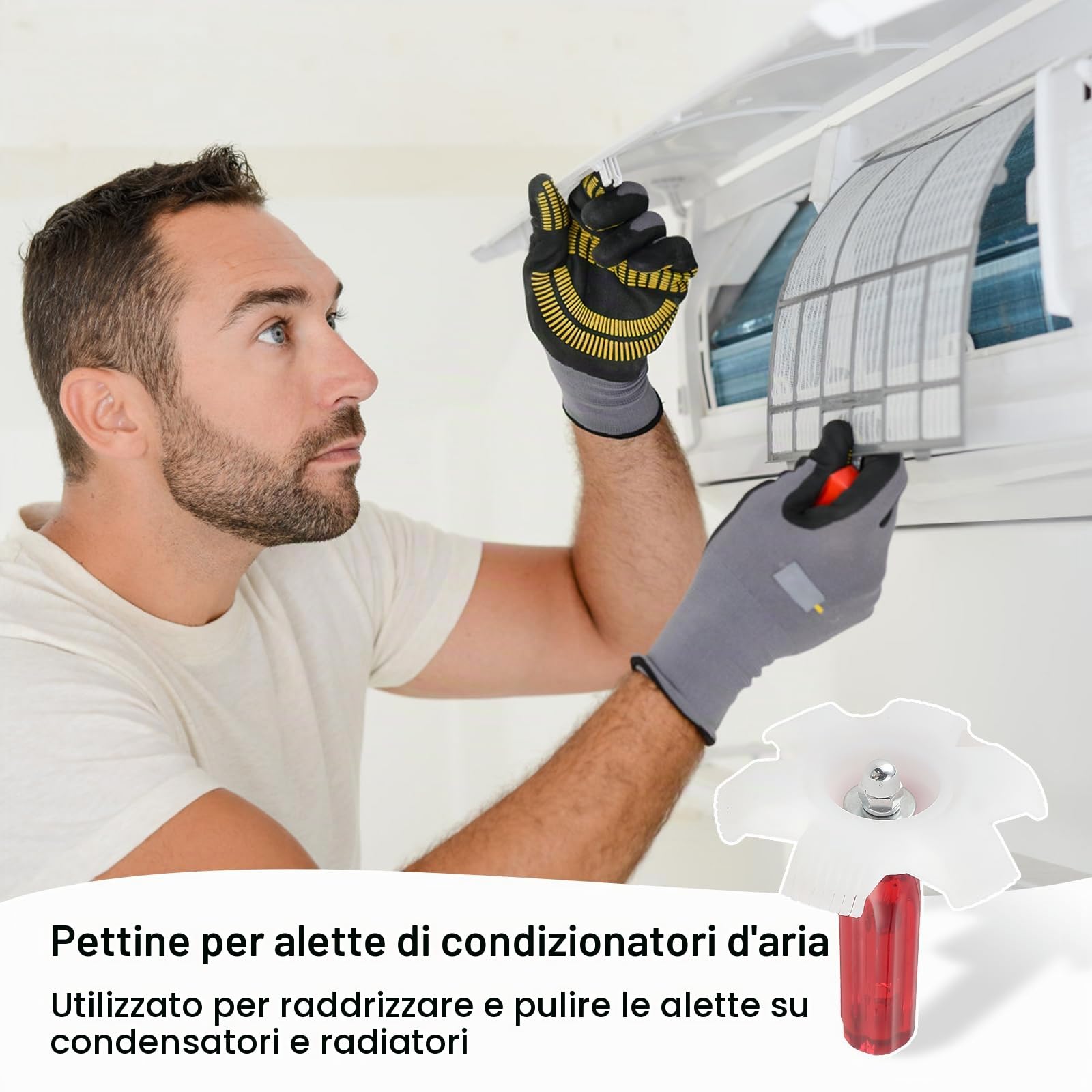 Kit Pulizia Condizionatore 5 Pezzi, Spazzola e Pettine per Alette in Metallo, Strumento di Riparazione e Pulizia per Condensatore, Evaporatori e Frigorifero