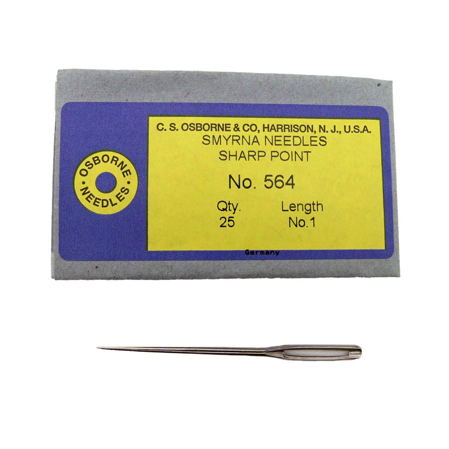 C.S. Osborne Pack of 25 Sharp Point Smyrna Needles #564, Size 1, 2-3/4" Long
