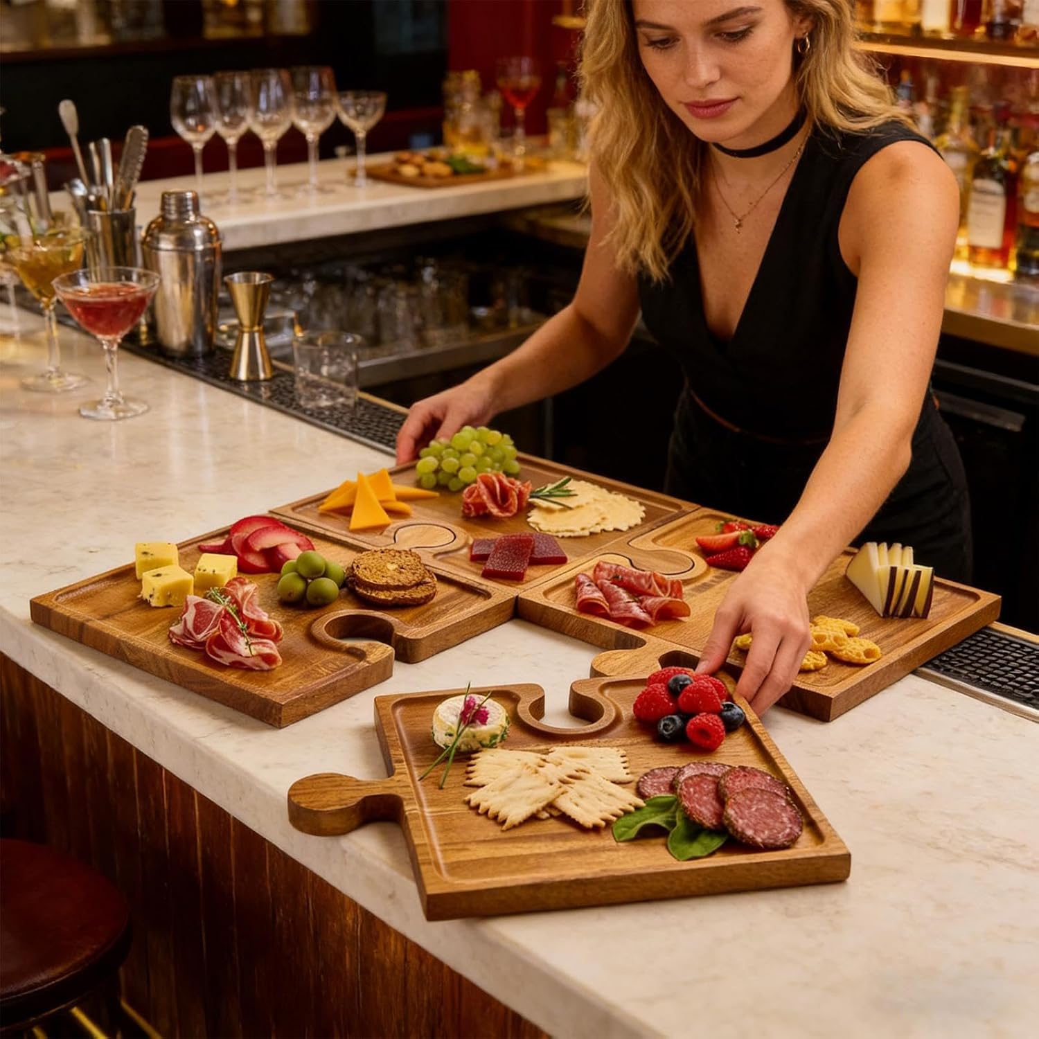 Wooden Cheese Board Set, Puzzle Shaped Serving Tray, 4 Piece Party Platter for Kitchen, Solid Wood Charcuterie Tray with Sections, Appetizer Board with Compartments, Holiday Snack Platter for Family