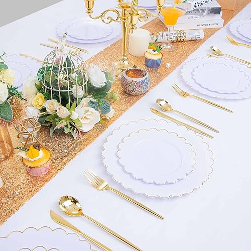 Miniatura 5 de SUT 72 platos blancos desechables, platos de plástico blanco con borde dorado, platos llanos dorados de 10.25 pulgadas, platos de plástico