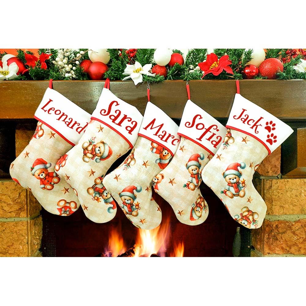 Lot de 5 chaussettes de Noël à suspendre avec nom de 20 cm, 33 chaussettes pour Noël personnalisées pour décoration de fêtes familiales (5 pièces, pingouin)