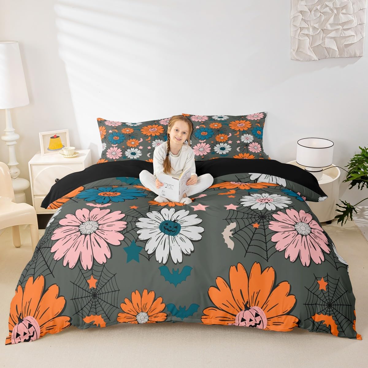 Hippie Daisy Flower Duvet Cover Sets Single Size,Spider Web Bat Pattern Bedding Set 2Pcs for Kids Girls Boys Adult Room Decor,Halloween Theme Comforter Cover Retro Trippy Quilt Cover,1 Pillowcase