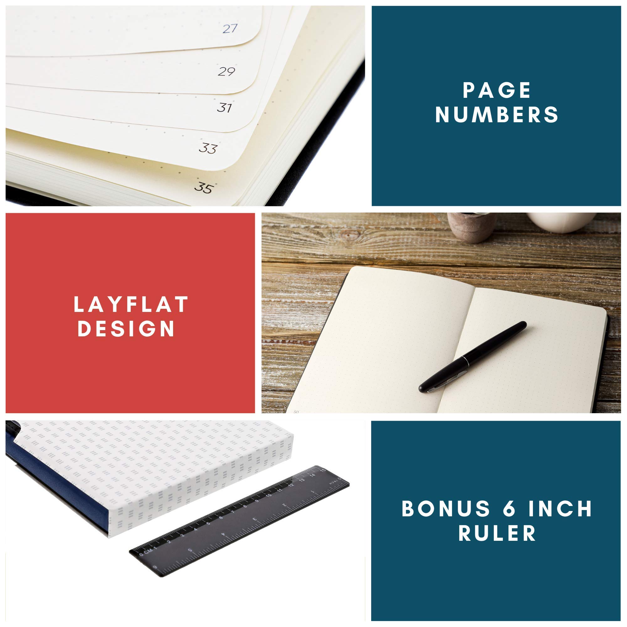 HUSTLE Co Notizbuch, dick gepunktet, Blau | Punktraster Notizbücher mit 120 g/m² tintenfestem Papier | Premium A5 Hardcover Tagebücher mit Seitenzahlen, Stifthalter, Tasche, Schuber + Lineal