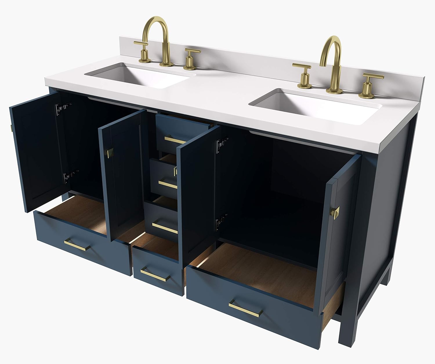 ARIEL Double Bathroom Vanity 61" Inch in Midnight Blue with Pure White Quartz Countertop, Rectangular Sinks, 4 Soft Closing Doors and 6 Full Extension Dovetail Drawers, No Mirror
