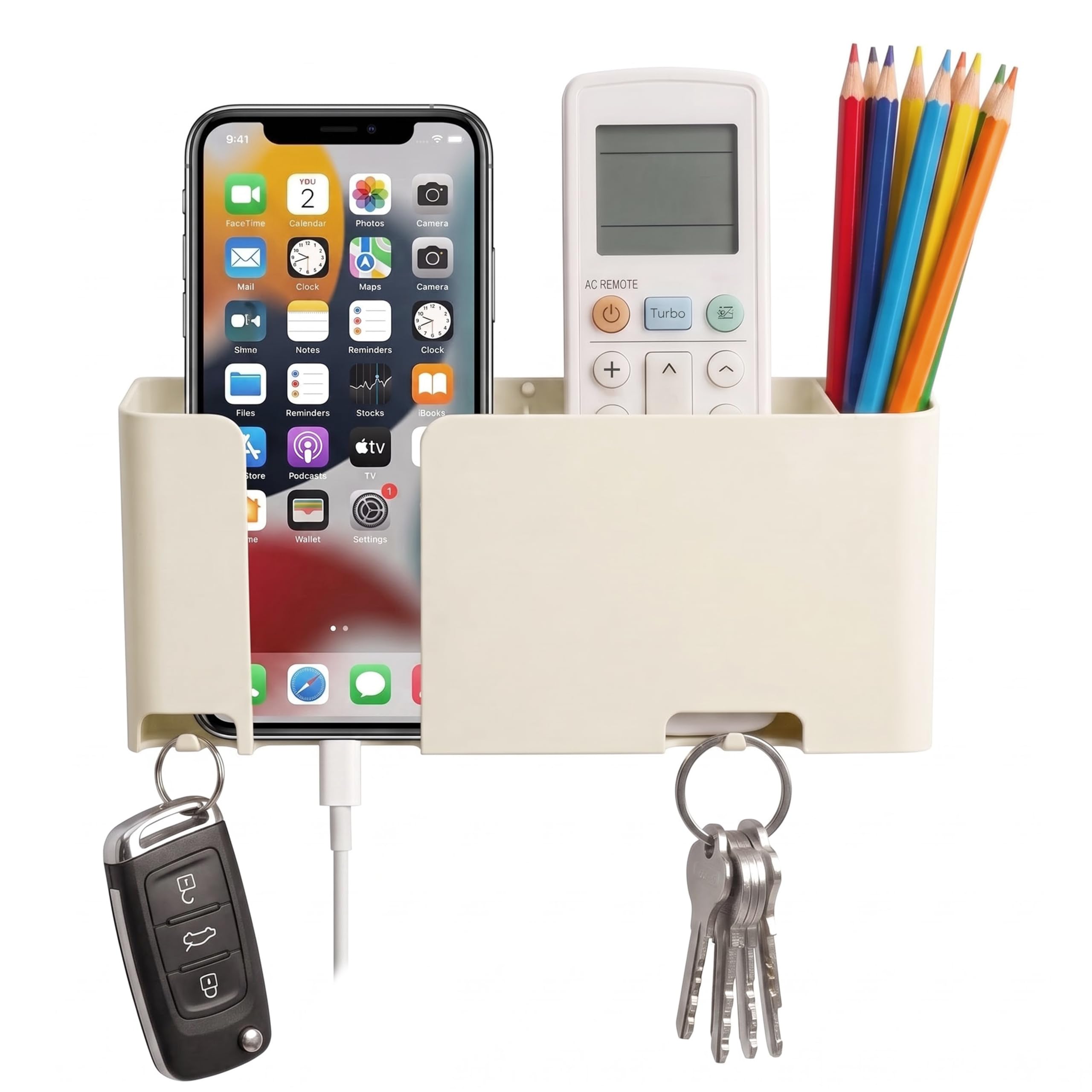 Mobile & Remote Wall Holder | ABS Wall Mount Stand with 3 Compartments for Phone, Remotes & Pens | 2 Key Hooks | No-Drill Mount with Strong Double-Sided Sticker | Space Saving Organizer-image-28