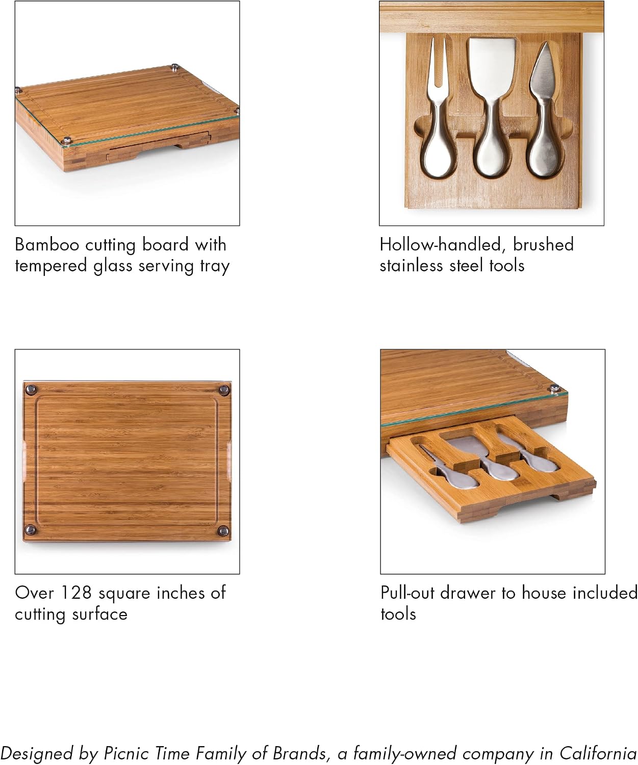 PICNIC TIME NFL Concerto Glass Top Cheese Board and Knife Set - Charcuterie Board Set - Glass Top Cutting Board, (Bamboo)