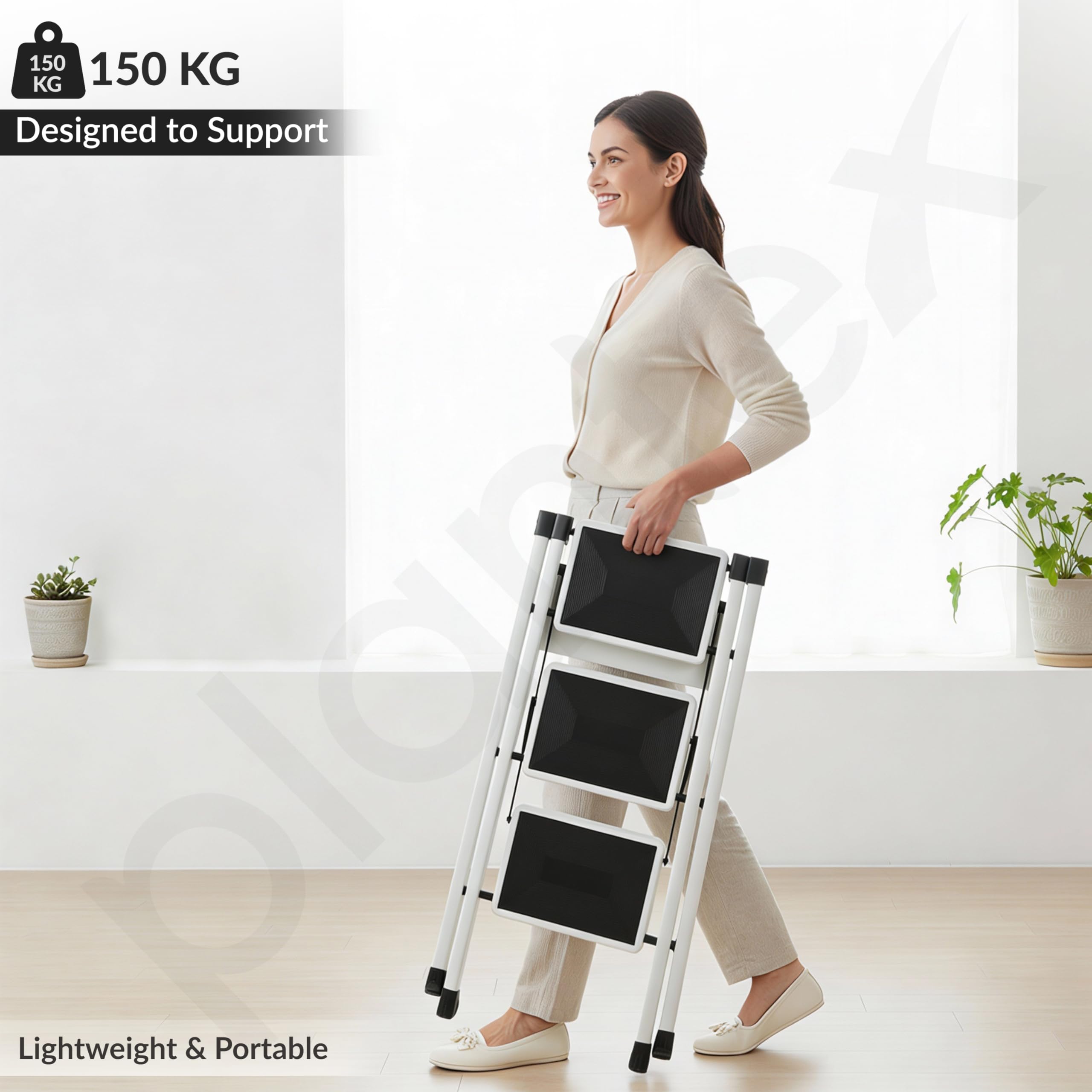 Plantex 3 Step Ladder for Home Use/Wide Anti-Slip Heavy-Duty Step Stool/Lightweight Kitchen Ladder 3 Step (White) 4