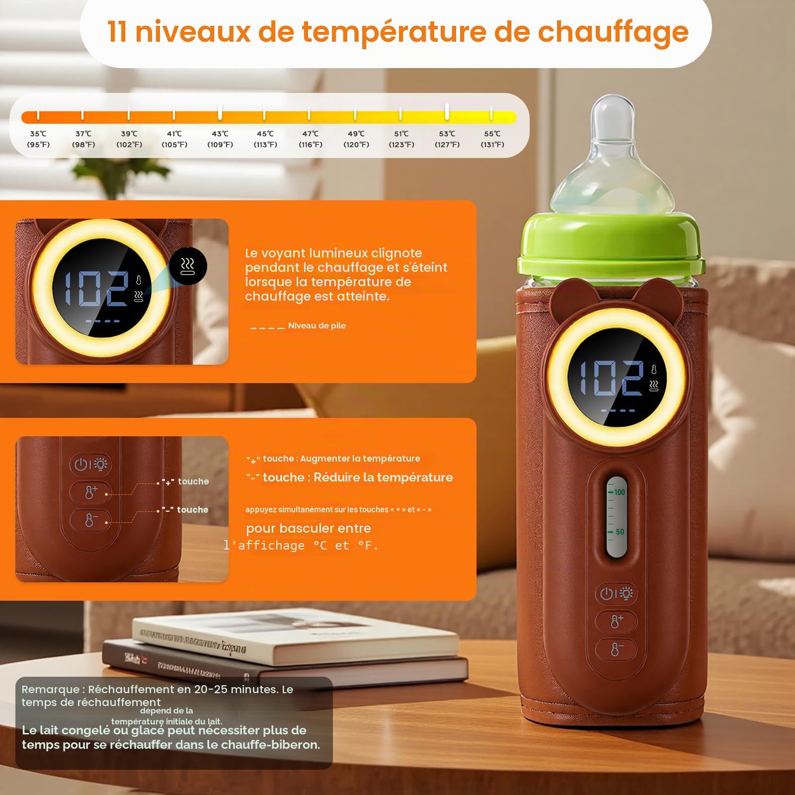 Chauffe Biberon Nomade Portable 10400mAh Chauffe de Lait 11 Niveaux de Température 35-55℃ Chauffe-biberon Sans Fil Réchauffeur de Biberon avec Écran LCD et Lumière pour Maison Extérieur Voyage