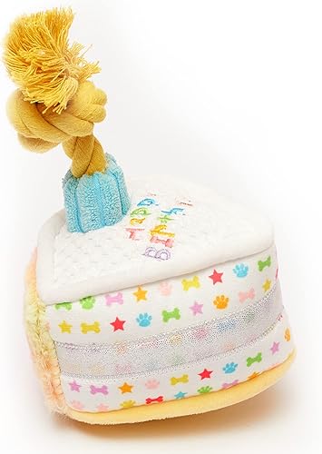 Pet London Pastel de cumpleaños para perro, arcoíris, brillante, felpa con cuerda y tirador de vela, múltiples texturas, chirriante, celebra el