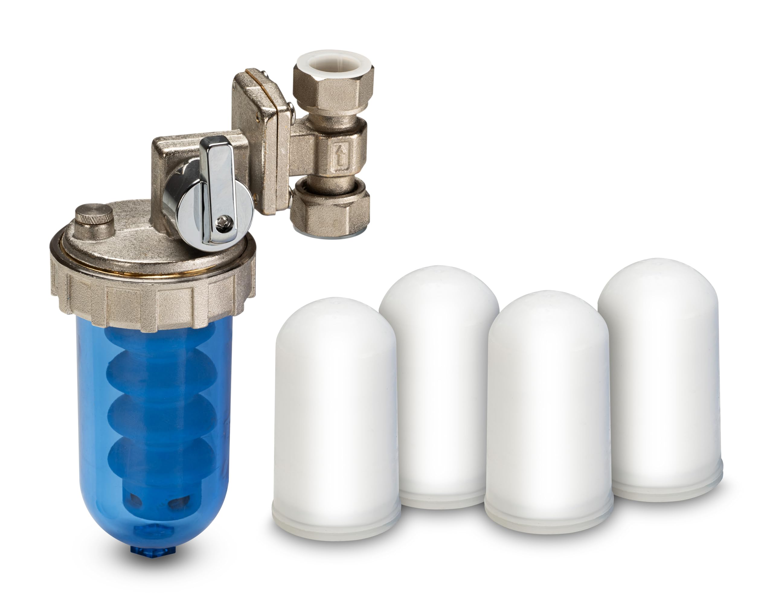 WK - Dosificador giratorio de polifosfato para caldera, útil para filtración de agua, con 4 cartuchos incluidos, actúa como antical y anticorrosión para todos los sistemas