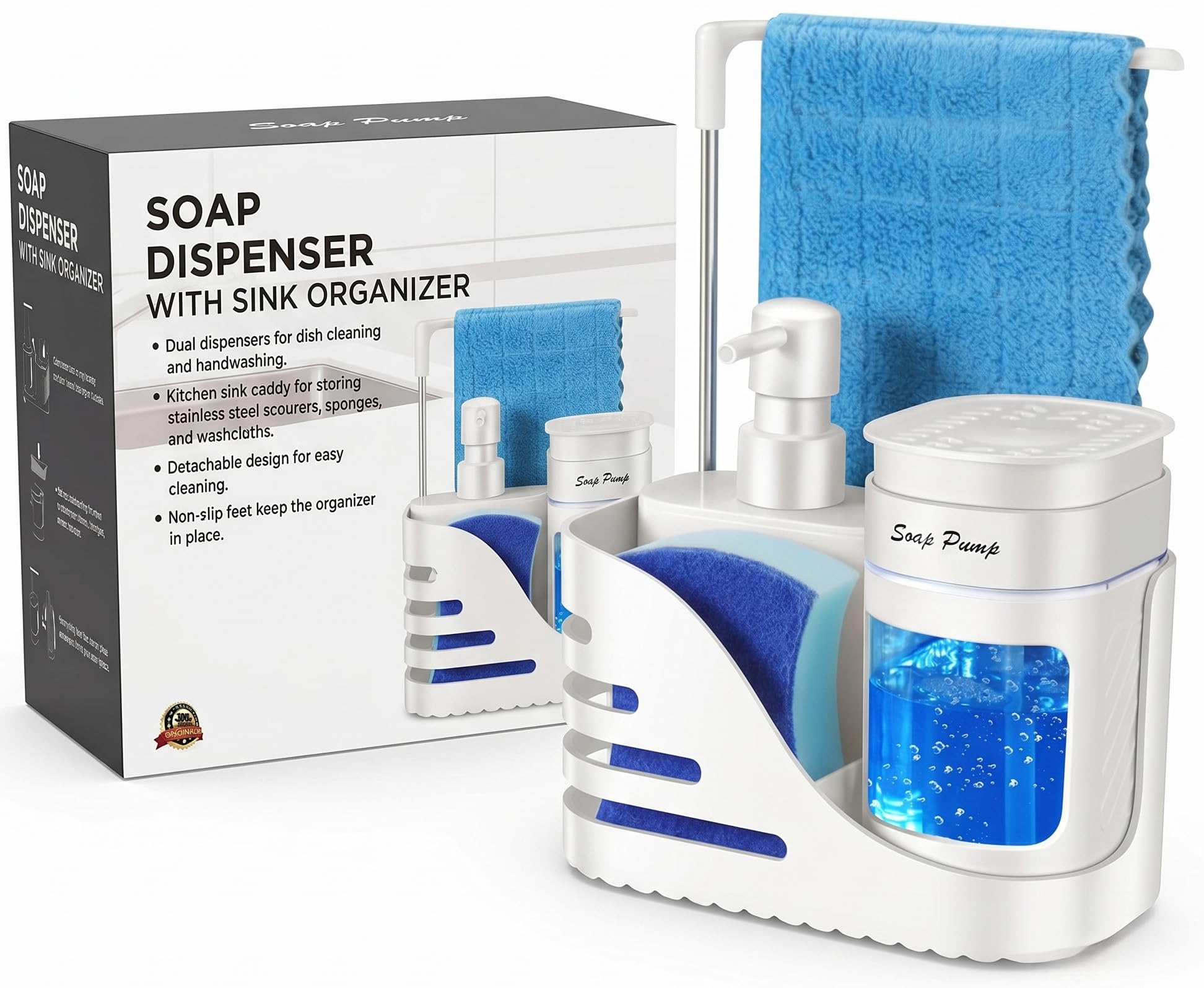 Bingobang 4-in-1 Soap Dispenser with Sponge Holder & Dishcloth Hanger White