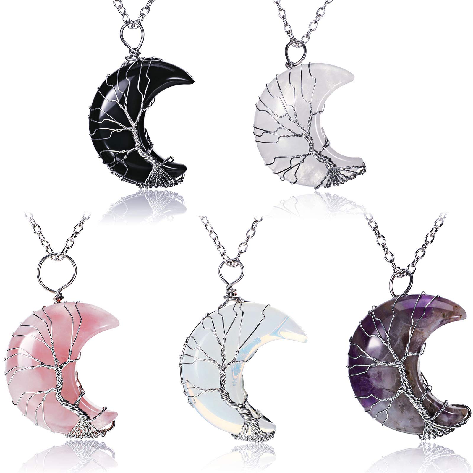 Hicarer5 Pieces Tree Life Crescent Moon Necklace Copper Wire Wrap Natural Gemstones Healing Crystal Pendant Quartz Jewelry