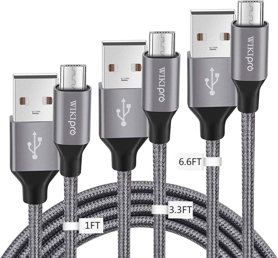 WIKIPro Micro USB Charging Data Sync Cable,USB 2.0 Micro Cable 3Pack (1FT+3.3FT+6.6FT) Nylon Braided Fast Charging Cable for Android Smart Phones,Tablets,Bluetooth Speaker,Power Bank and More