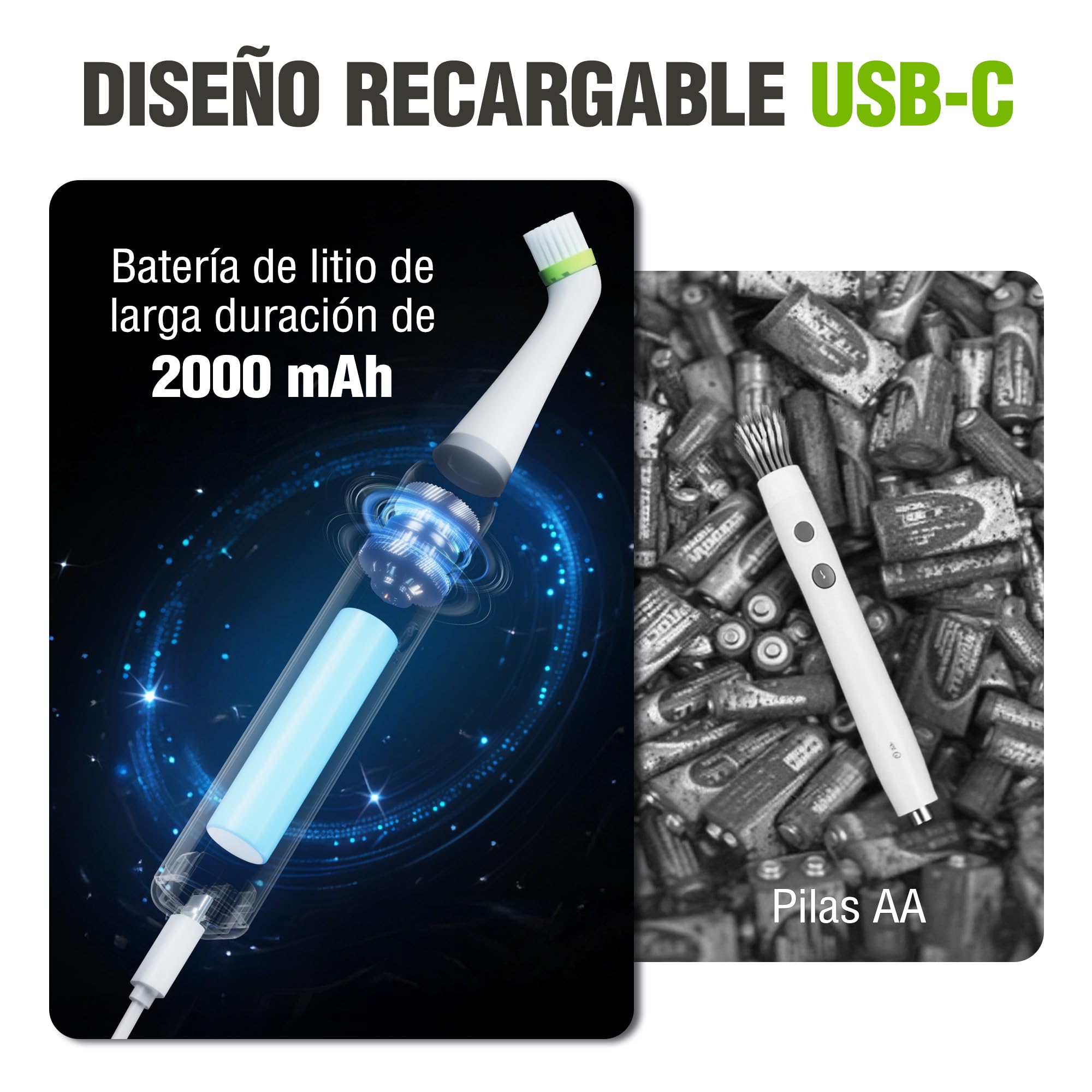 WORKPRO Cepillo Eléctrico De Limpieza 3.6V Recargable con Cabezal Intercambiable,Batería 2000mAh, IPX6 Resistente Al Agua, USB Tipo C, para Juntas, Ranuras, Zapatos Y Hogar