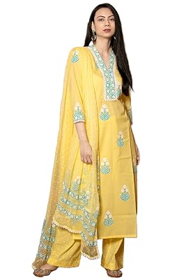 GoSriKi Women's Cotton Blend Straight Hand Block Printed Kurta with Pant & Dupatta (Belagavi Mustard-GS_5XL_Mustard_XXXX