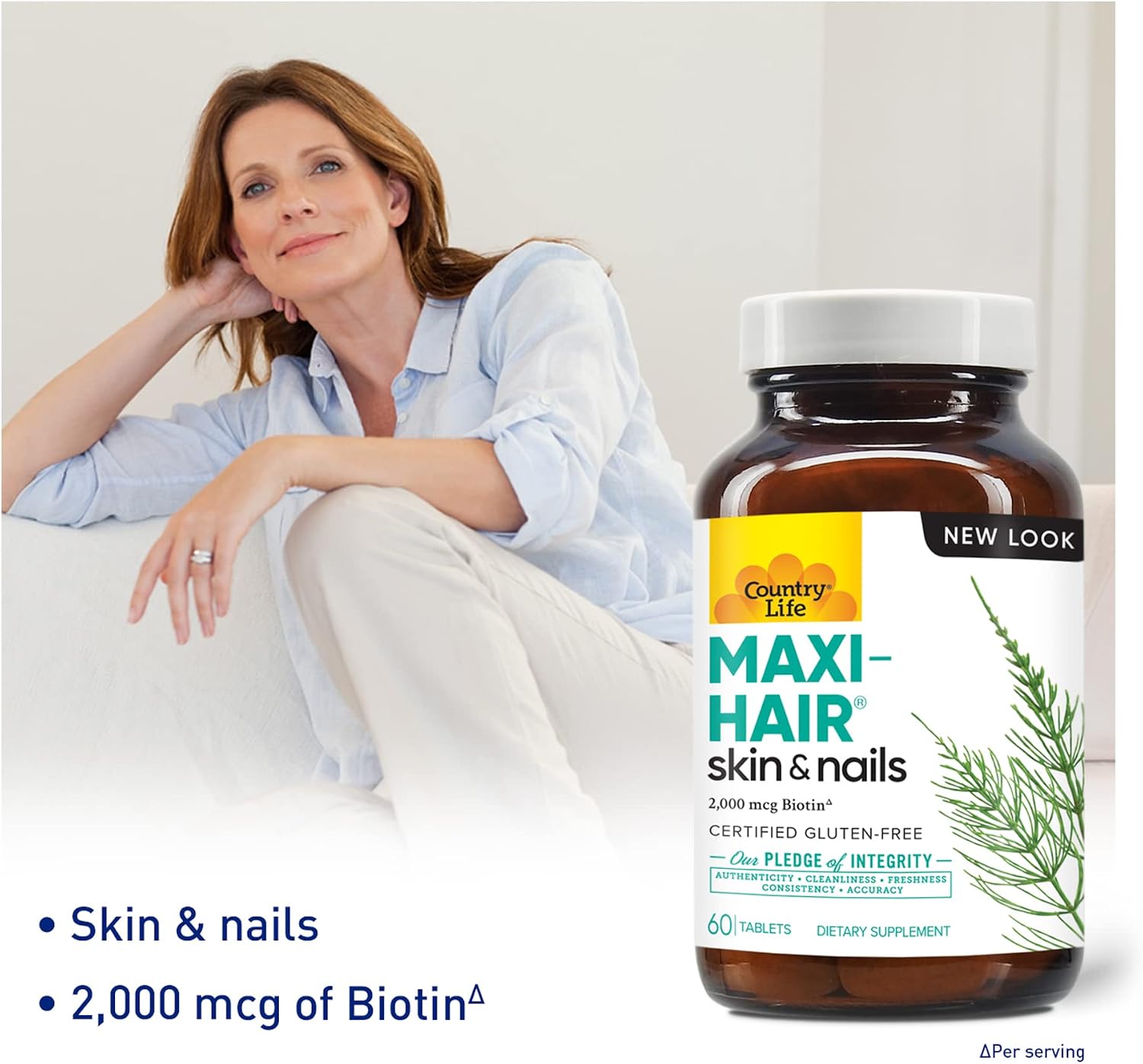 Country Life Maxi-Hair with 2000mcg of Biotin, Nourishes Hair, Skin and Nails 60 Tablets, Certified Gluten Free, Certified Vegetarian