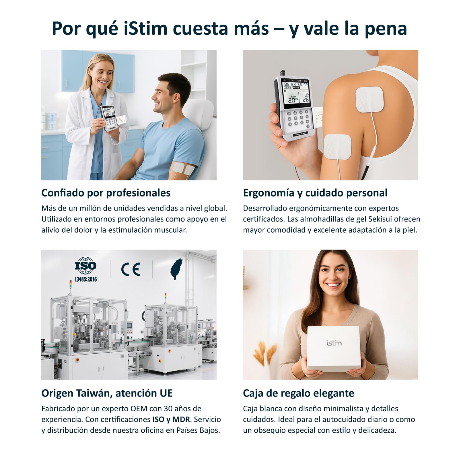 iStim EV-805 TENS y EMS de 4 canales – electroestimulador muscular digital con 16 electrodos reutilizables, portátil para terapia física, alivio del dolor y rehabilitación muscular