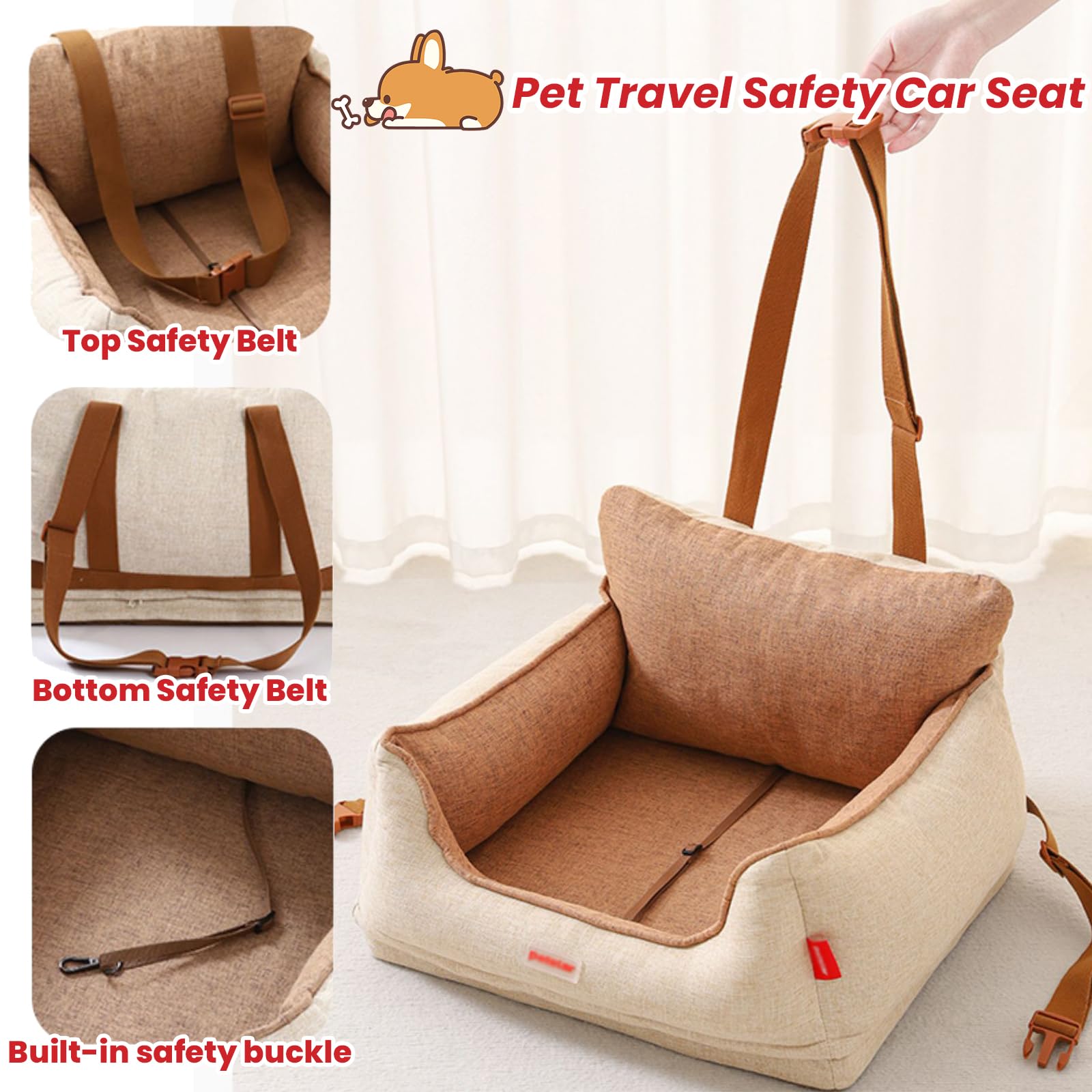 Asiento De Coche para Perros, Cama para Perros, Cajas De Transporte, Canastas para Gatos, Asiento Perro Coche Pequeño Mediano con Cinturón De Seguridad Antideslizante