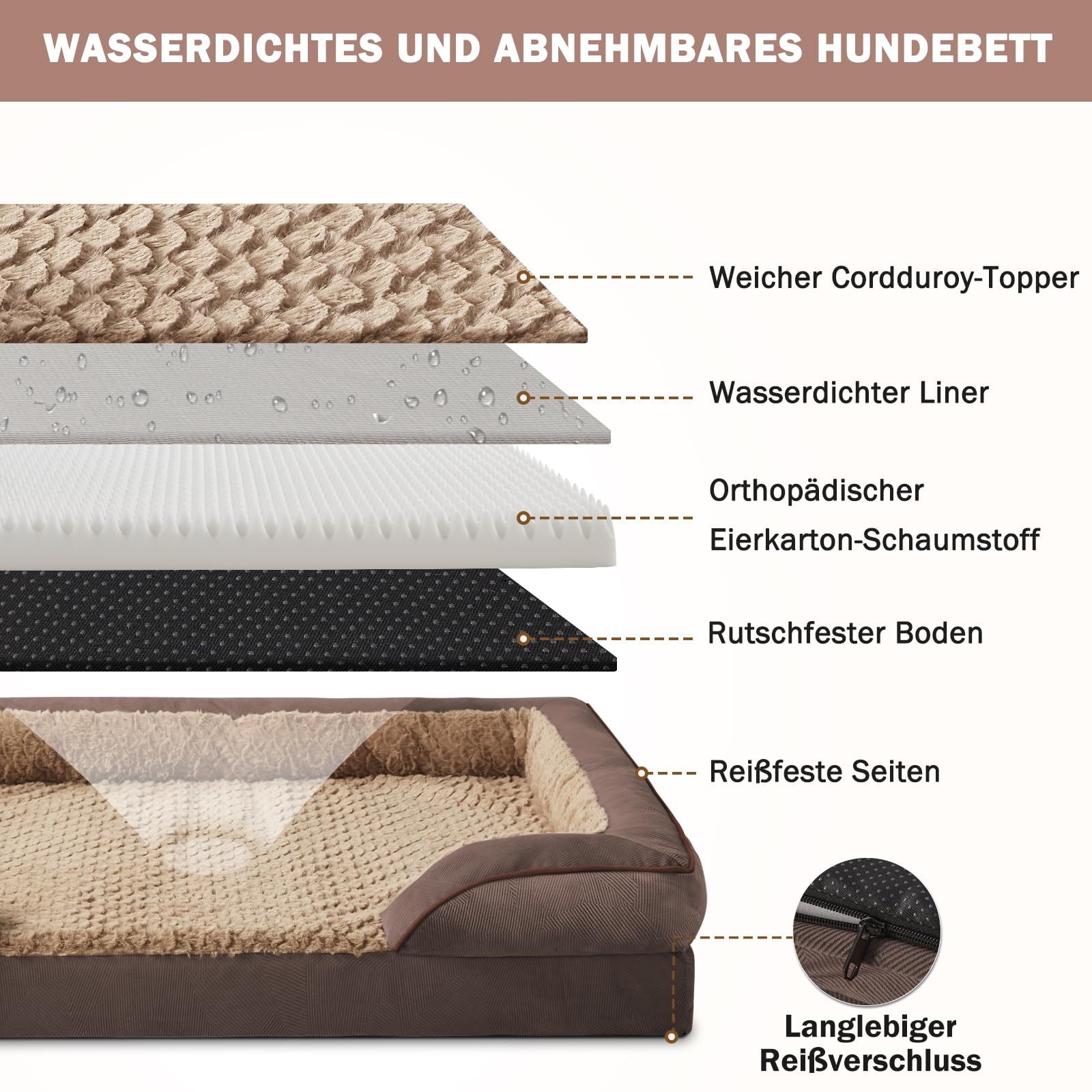 JOEJOY Cuccia ortopedica per cani di taglia media, in memory foam, rimovibile, lavabile, ortopedica, 89 x 64 x 17 cm, a forma di uovo, antiscivolo, colore marrone scuro