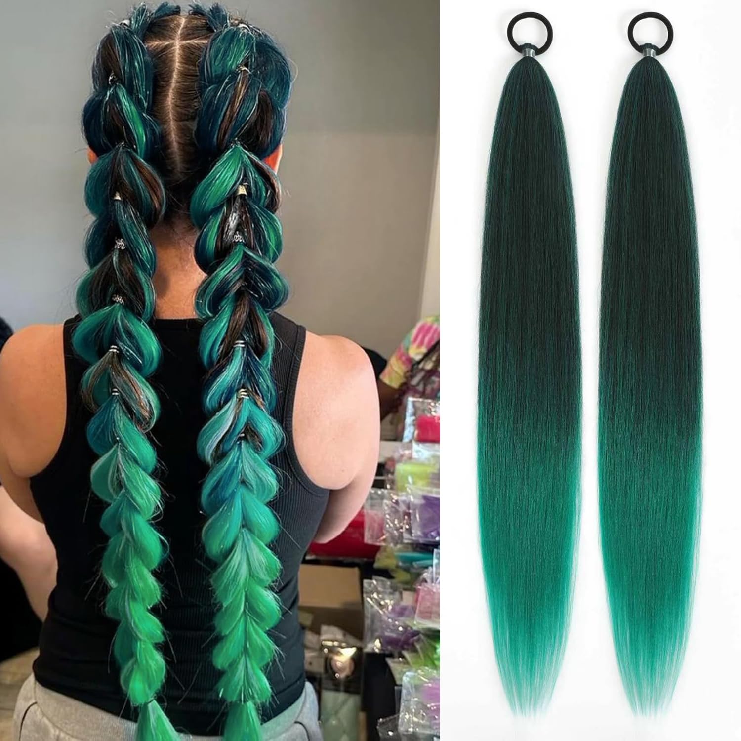 2 Pack Ombre Green Braid Ponytail Extension with Elastic Tie 26 Inch 50g/Pack Yaki Straight Wrap Around Long Synthetic Braiding Hair for Women Girls Daily Party Cosplay DIY Use(Ombre Green)