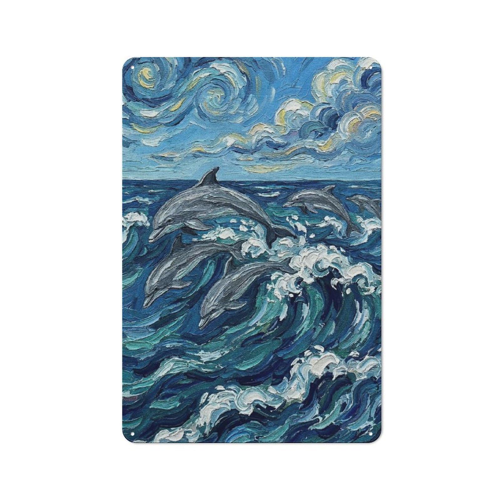 Junmoney Style-6 Tin Wall Plaque 30X20cm With Dolphins In Ocean Waves Painting For Garage Wall, For People Furnishing A Garage, For Retro Home Interiors